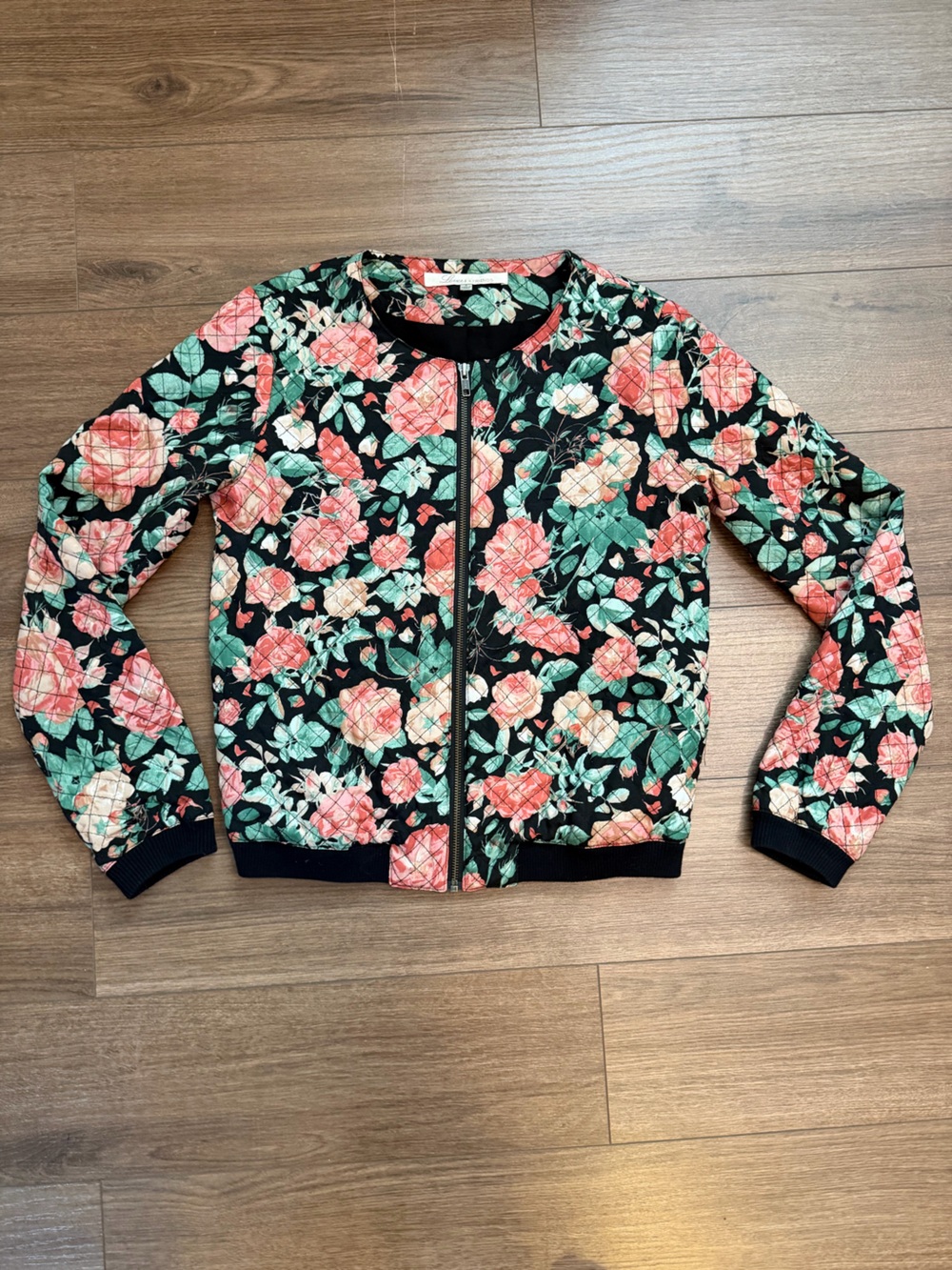 Lovers + Friends Quilted Floral Zip Bomber Jacket - Black, Coral & Mint
